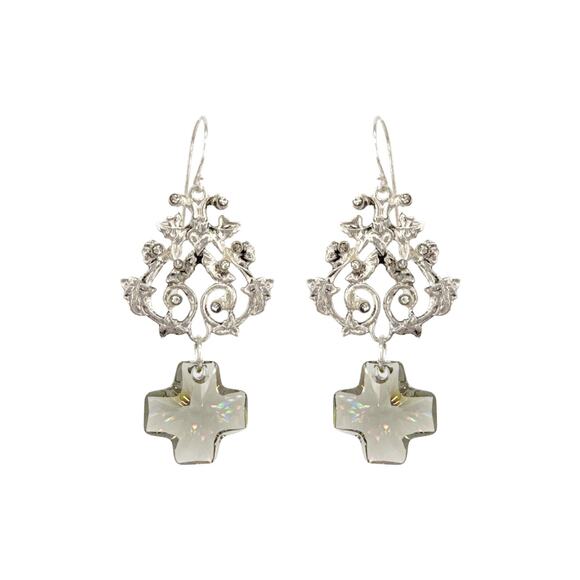 VIRGINS SAINTS & ANGELS VSA Vine Earrings with Cross in Silver & Black Diamond - Picture 1 of 4